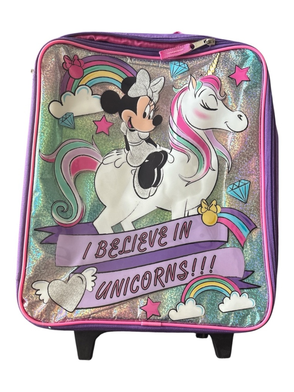 Minnie Mouse Unicorn Holographic Kids Rolling Bag - Pink & Purple